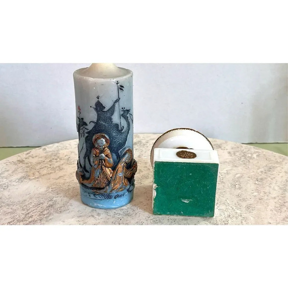 Vintage Blue Gold Christmas Nativity Scene Candle w/ Holder Unburned Handcrafted - Picture 7 of 12